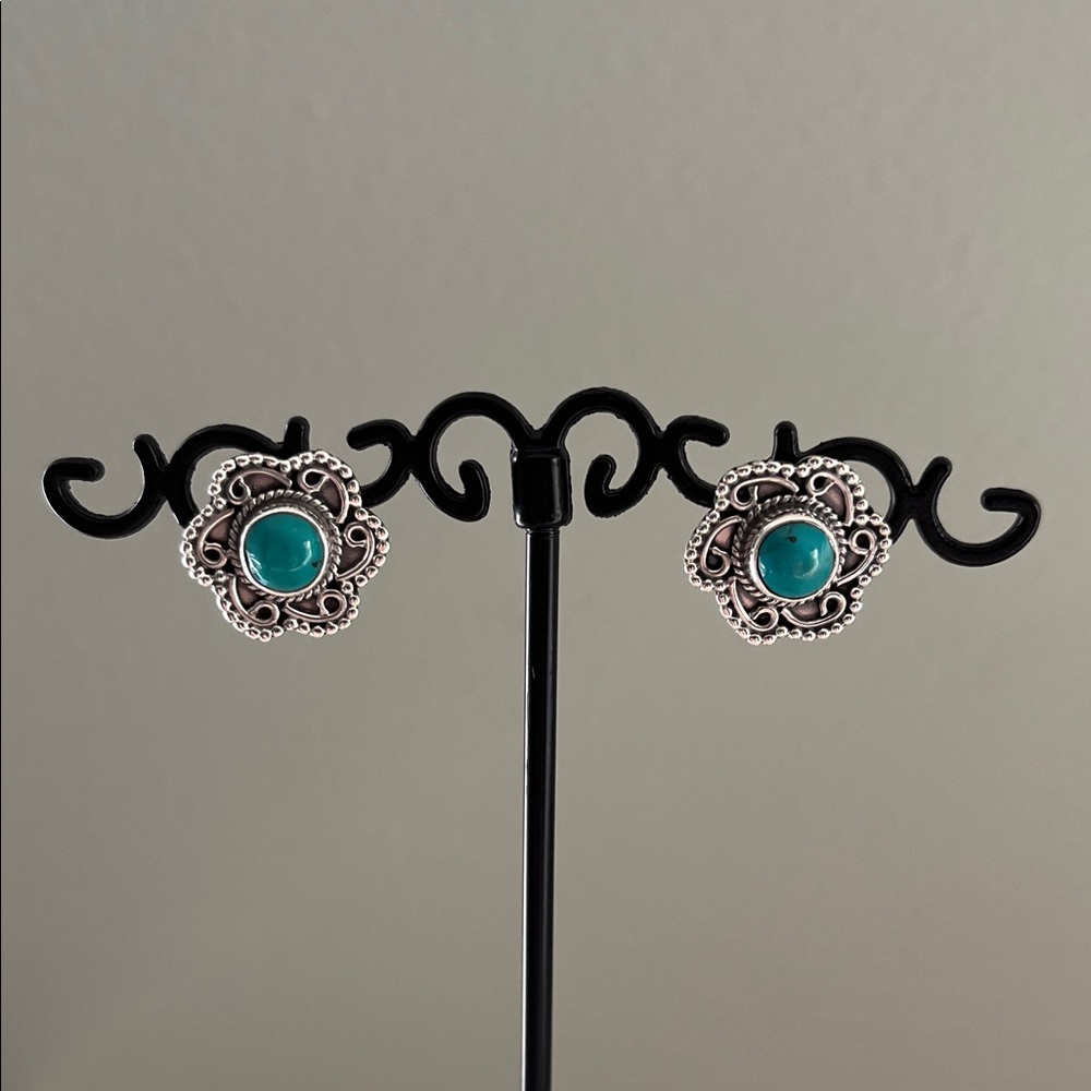 Turquoise Floral Post Earrings in Sterling